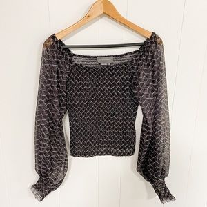 Anthropologie smocked crop top sheer sleeves
